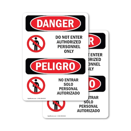 Signmission Do Not Enter Authorized Only Bilingual Danger Sign, Vinyl Decal, 3.5in W x 5in L, 2PK OS-2PACK-DS-D-35-VS-1144